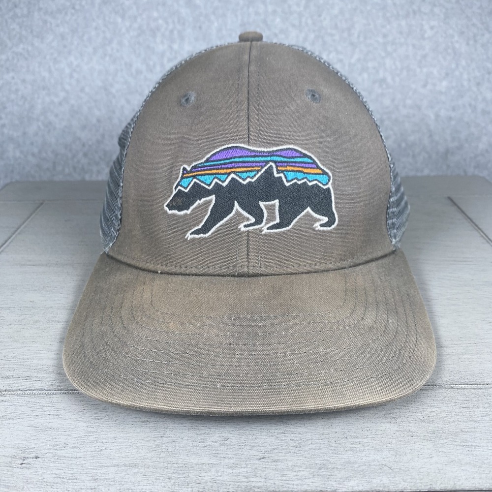 Patagonia Trucker Hat Mens Grey Fitz Roy Bear Patch Mesh Snapback Sun Faded